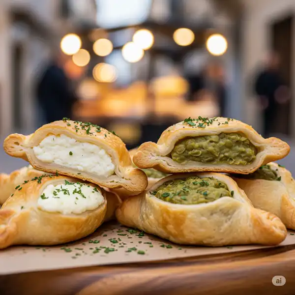 A high-quality, square photo of two golden-brown, flaky pastizzi on a piece of parchment paper, one with a hint of the creamy ricotta filling visible.