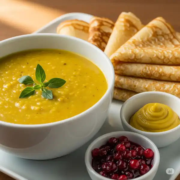 Pea soup and pancakes with mustard and lingonberries