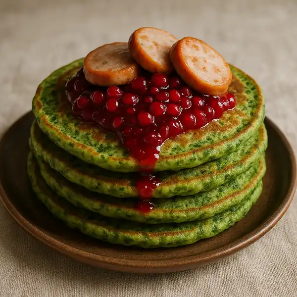 A stack of green-tinted spinach pancakes sits on a white plate, layered with bright red lingonberry jam