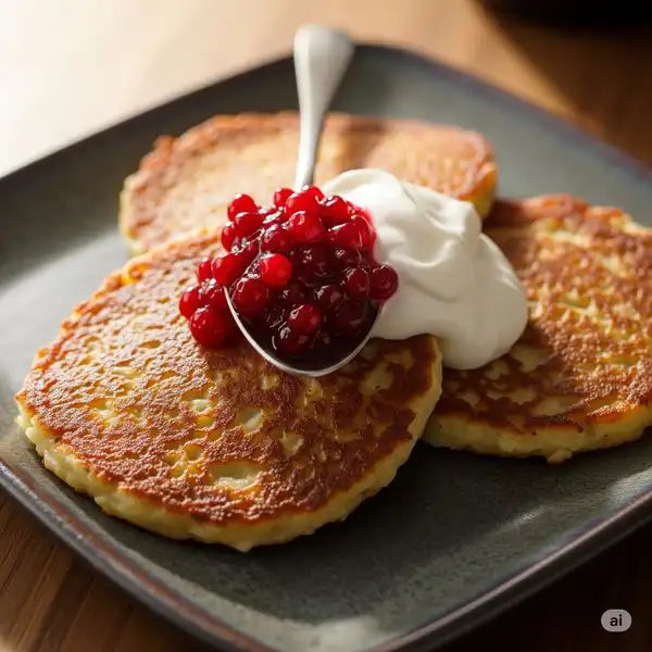 Potato pancakes with sour cream and lingonberry jam