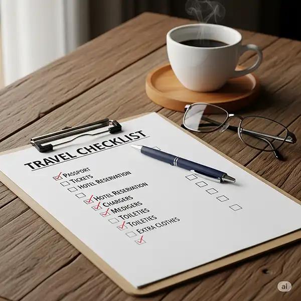 10 Essential Packing Hacks for Stress-Free Family Travel 6 A wooden clipboard holds a travel checklist. A pen, a pair of glasses, and a steaming coffee cup are next to it on a wooden table.