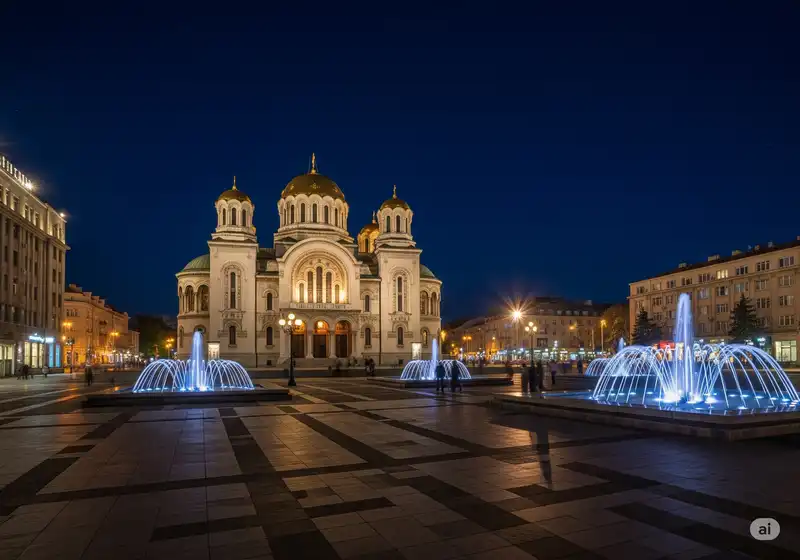 Varna Cathedral and city square at night