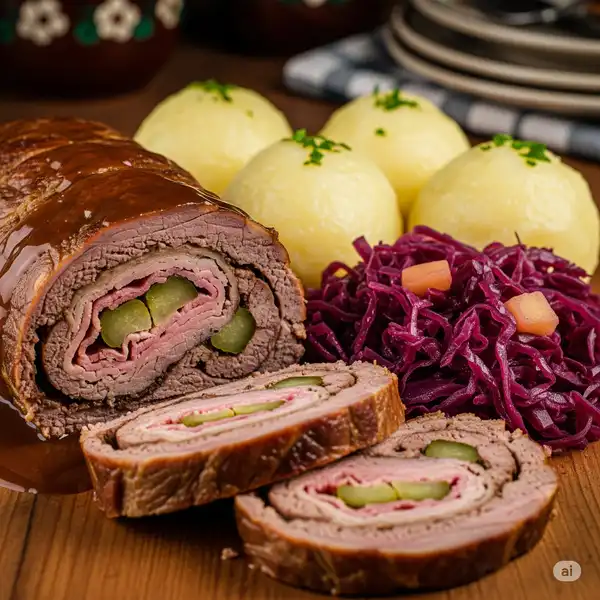 Silesian beef roulade with dumplings and red cabbage