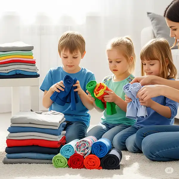 10 Essential Packing Hacks for Stress-Free Family Travel 3 A parent and two children sitting on a rug, rolling t-shirts into tight bundles. A pile of folded clothes is on the left for contrast.