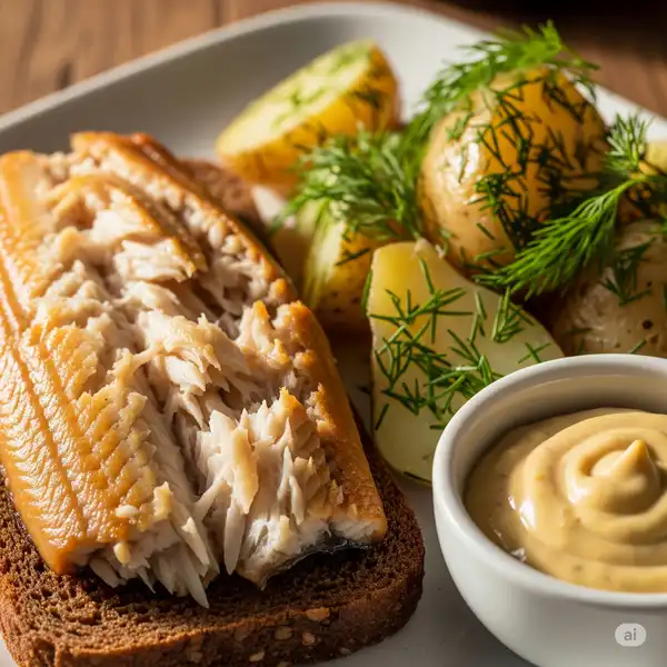 Smoked eel on rye bread with dill potatoes and mustard sauce