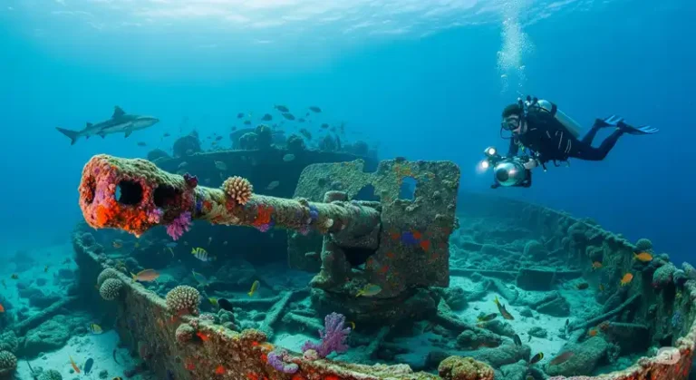 Solomon Islands 8 A scuba diver exploring a WWII shipwreck in the Solomon Islands.