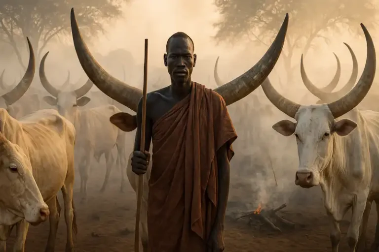 South Sudan 4 A Mundari man with his Ankole-Watusi cattle in South Sudan.