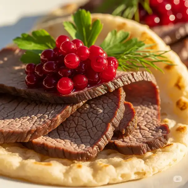 Smoked reindeer meat souvas in flatbread