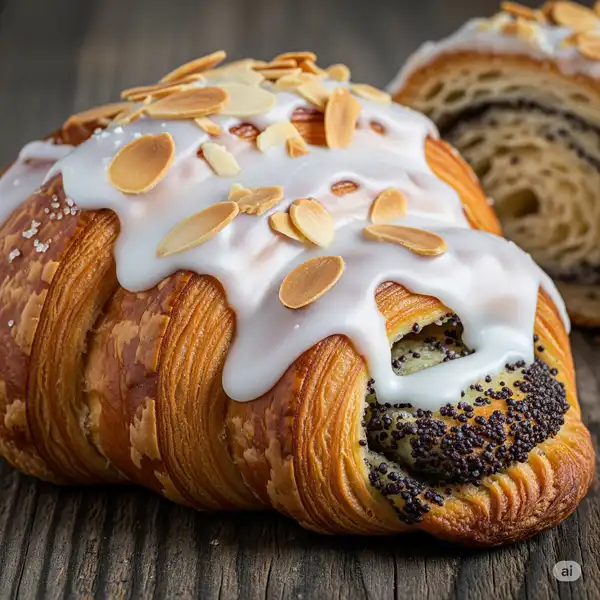 St. Martin’s croissant filled with white poppy seed paste on a wooden board