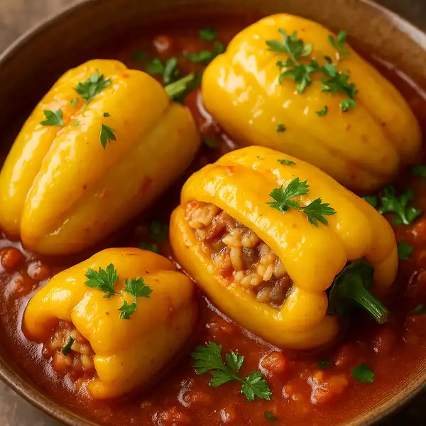 Hungarian stuffed peppers with meat and rice in tomato sauce