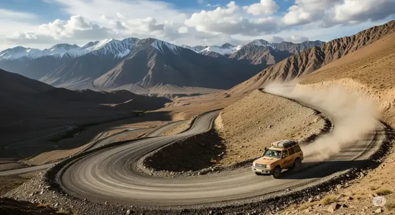 Tajikistan 11 A 4x4 vehicle on the remote Pamir Highway.