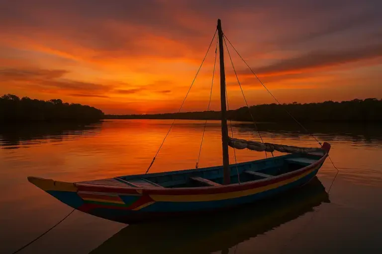 The Gambia 12 A colorful boat on the Gambia River at sunset.