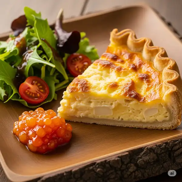 Västerbotten cheese pie with salad and cloudberry jam