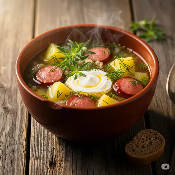 Bowl of zalewajka sour rye soup with potatoes and sausage