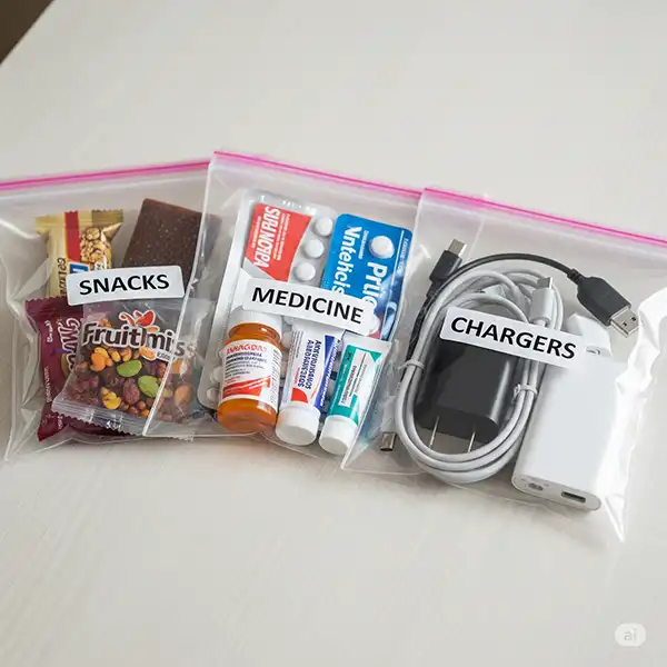 10 Essential Packing Hacks for Stress-Free Family Travel 5 Three clear, resealable bags on a table, each labeled. One has snacks, another has medicine, and the third has chargers.