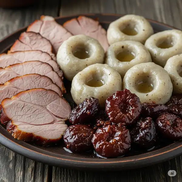 Silesian heaven dish with smoked pork, dumplings and plums
