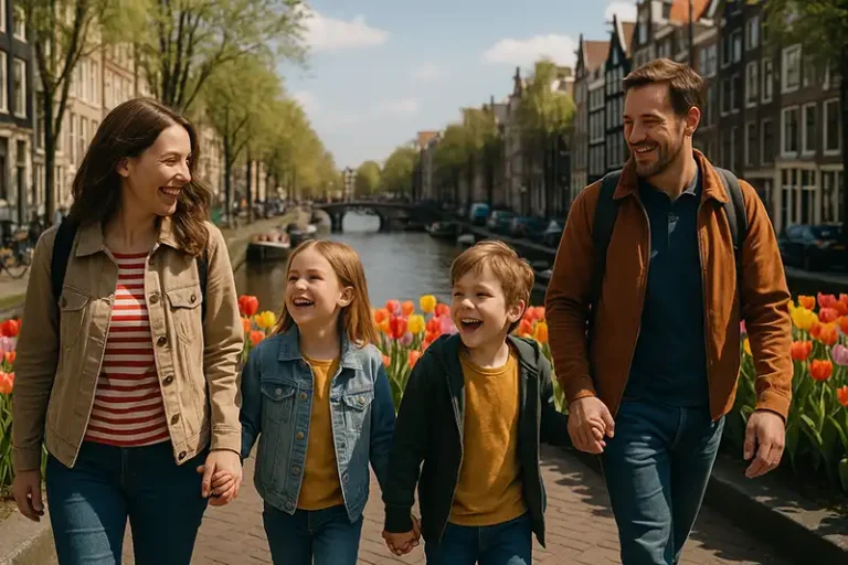 Family walking by Amsterdam canals during a European vacation with kids in 2025