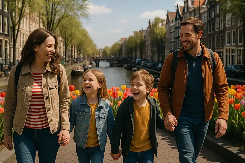 Family walking by Amsterdam canals during a European vacation with kids in 2025