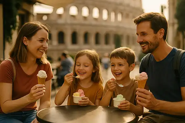 Family vacation in Rome with kids enjoying gelato near the Colosseum in 2025