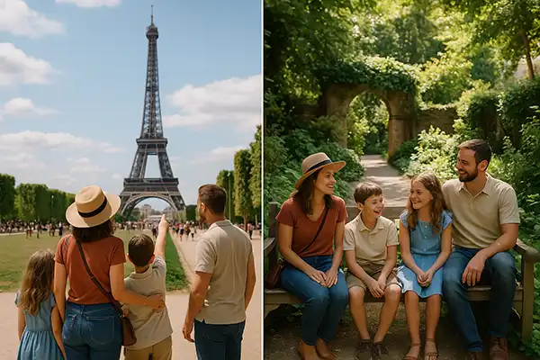 Family enjoying Eiffel Tower and relaxing in a nearby hidden garden.