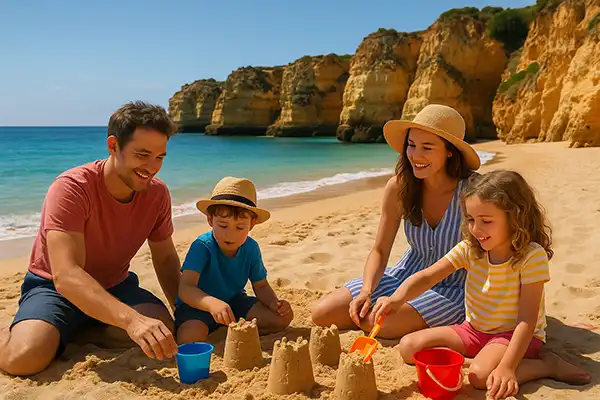 A family building sandcastles on a sunny Algarve beach with cliffs and turquoise water in the background. Travel magazine style, bright and natural.