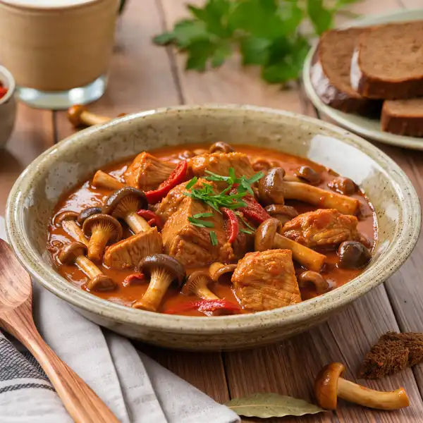 Bakonyi pork stew - Pork simmered with mushrooms and paprika, a Bakony Hills classic served with nokedli dumplings.