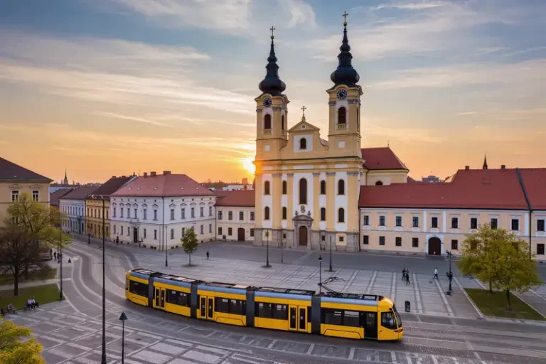 Debrecen 5 Debrecen Great Church and tram at sunset