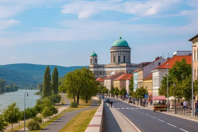 Esztergom 10 Esztergom landmark panorama with pedestrians and seasonal light