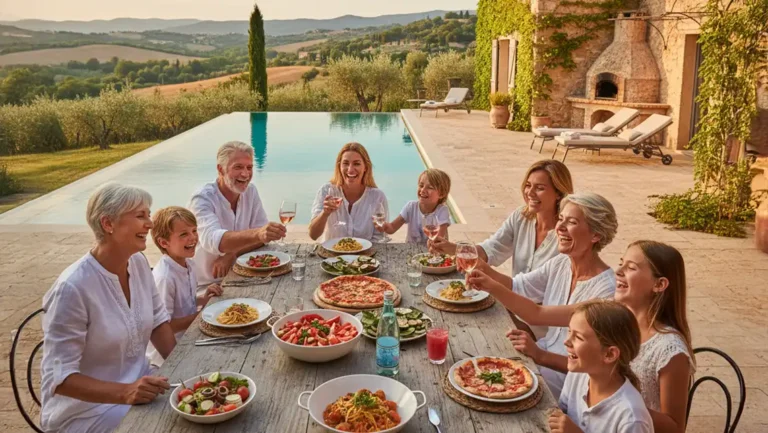 A cheerful multigenerational family enjoying an outdoor dinner at one of the beautiful stone multigenerational family villas in Europe, complete with a private pool and a view of rolling Tuscan hills.