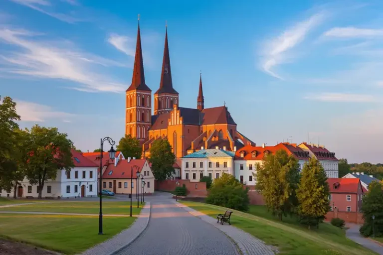 Gniezno 3 Gniezno skyline with Cathedral hill at sunset.