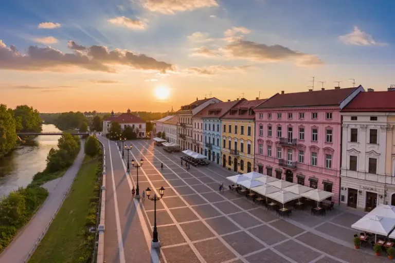 Gyor 10 Gyor Baroque square and riverside path at sunset
