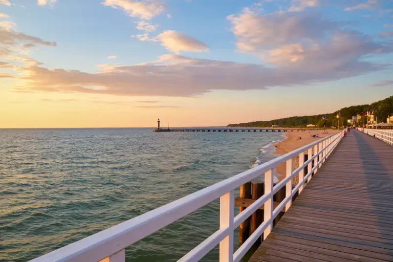 Kolobrzeg 1 Kolobrzeg skyline with Pier and beachfront at sunset.