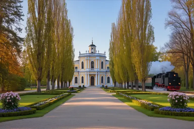 Nagycenk 12 The Széchenyi Mansion, linden-tree avenue and a vintage steam train in Nagycenk, Hungary.