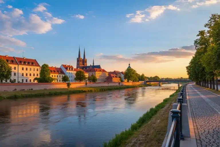 Opole 1 Opole skyline with Odra riverfront at sunset.