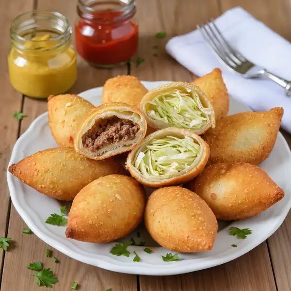 Close-up of paszteciki szczecińskie highlighting texture and garnishes.