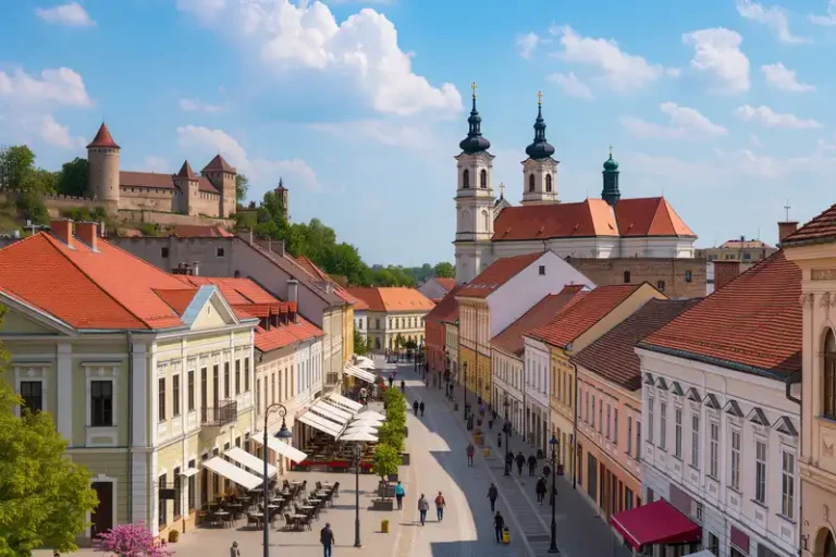 Szekesfehervar 11 Székesfehérvár landmark panorama with pedestrians and seasonal light