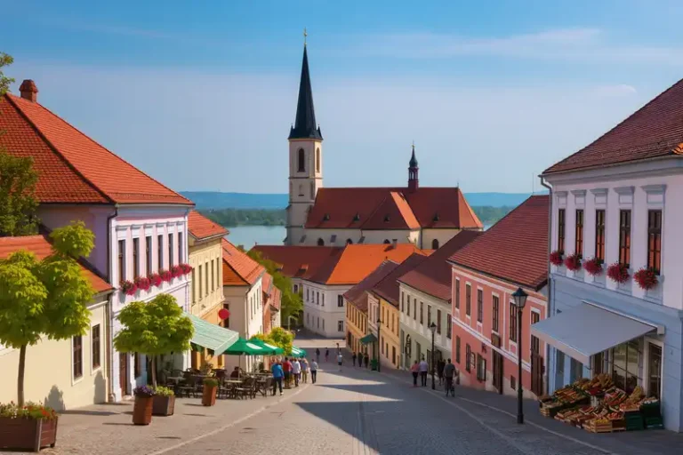 Szentendre 6 Szentendre landmark panorama with pedestrians and seasonal light
