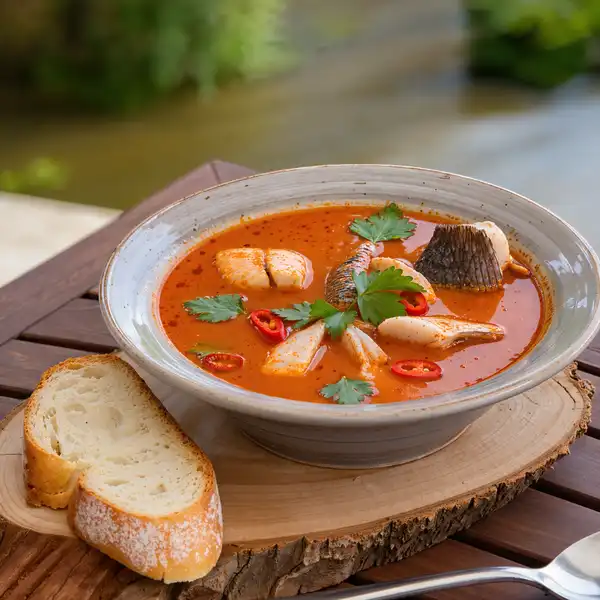 Tisza fish soup - A paprika-rich river fish soup served with fresh bread at riverside restaurants and markets.