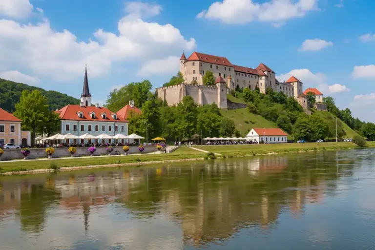 Visegrad 5 Visegrád landmark panorama with pedestrians and seasonal light