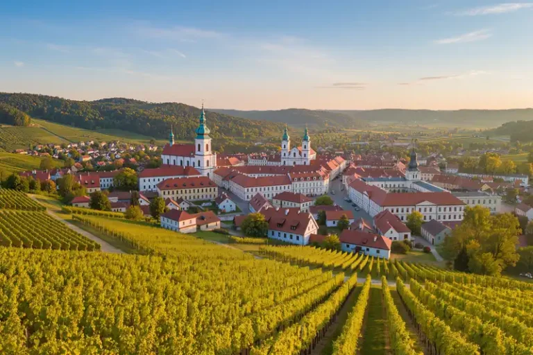 Zielona Gora 1 Zielona Gora skyline with Vineyards and old town at sunset.