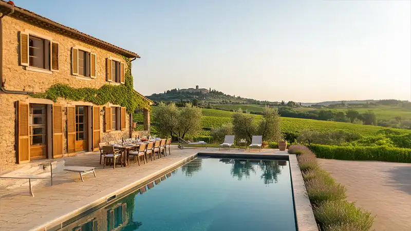 multigenerational family villas - A luxurious stone villa with a private infinity pool and an outdoor dining table overlooking rolling vineyards and olive groves under a clear, golden evening sky in Tuscany, Italy