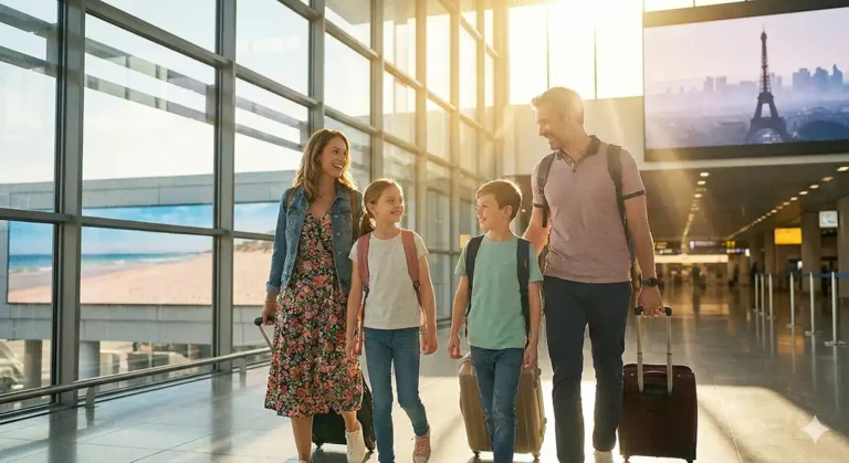 Spring Break 2026 family travel – parents and kids at airport ready for vacation to US and Europe family resorts.
