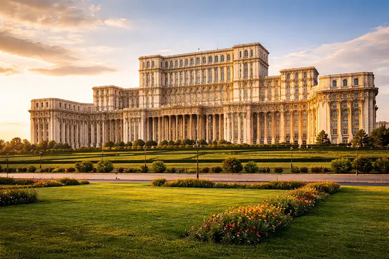 The Palace of the Parliament in Bucharest, Romania, illuminated by the setting sun.
