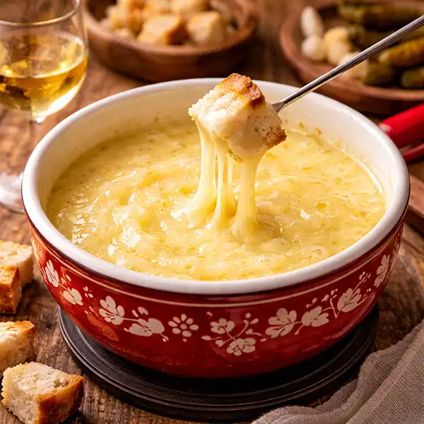 Traditional Swiss cheese fondue pot with bread being dipped.