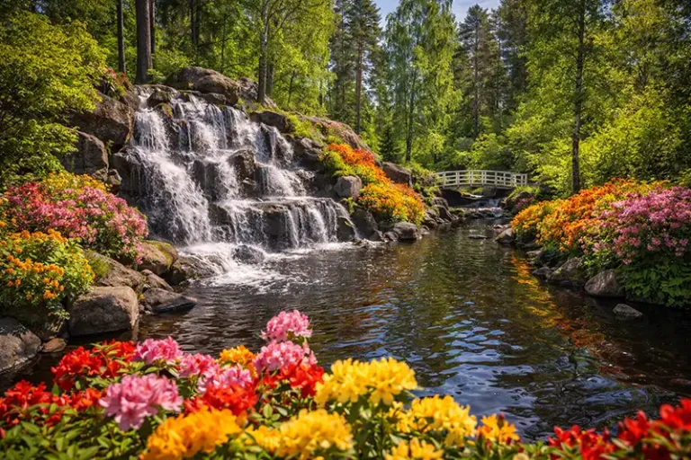 Kotka 22 The scenic waterfall and blooming flowers at Sapokka Water Garden in Kotka, Finland.