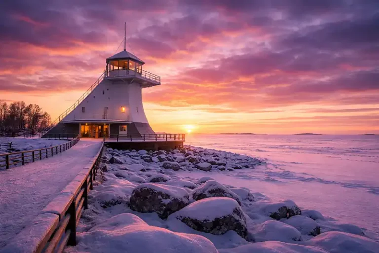 Oulu 38 The Nallikari Lighthouse and frozen sea at sunset in Oulu, Finland.