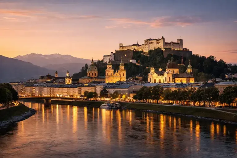 Salzburg 9 Scenic view of Salzburg Old Town with the Hohensalzburg Fortress and Salzach River at sunset.