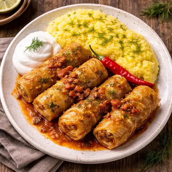 Traditional Romanian Sarmale cabbage rolls served with polenta and sour cream.