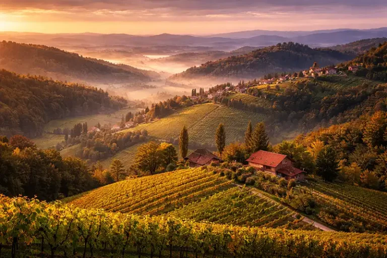 Southeast Slovenia 7 Panoramic view of the rolling hills and vineyards of Southeast Slovenia at golden hour, with the Krka River and a traditional mill.