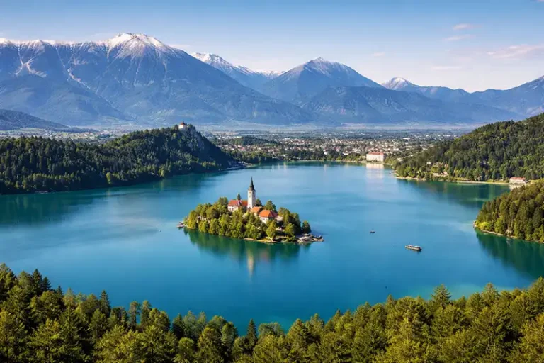 Upper Carniola 12 Scenic view of Lake Bled and the Julian Alps in Upper Carniola, Slovenia